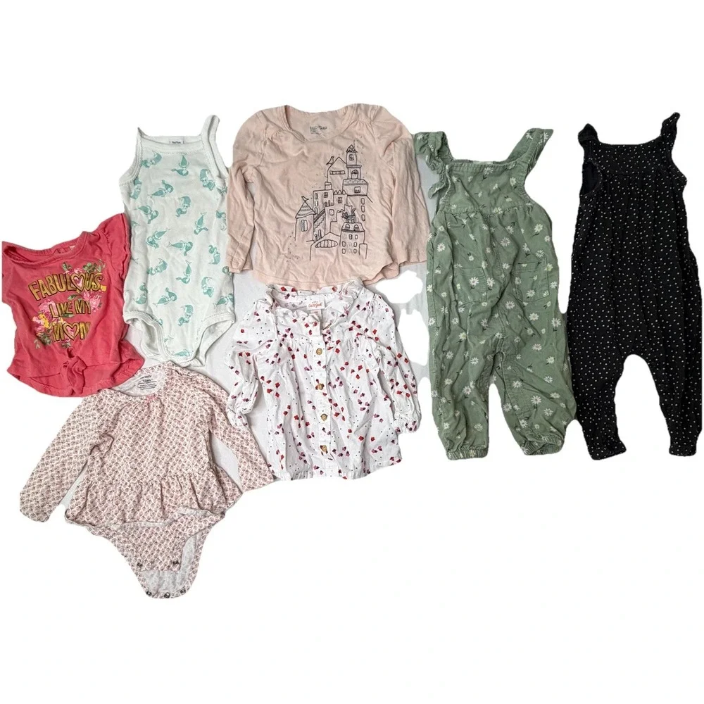 Lot of 7 Baby Girl Outfits 12M Gap Cat & Jack Rompers Dresses Bundle